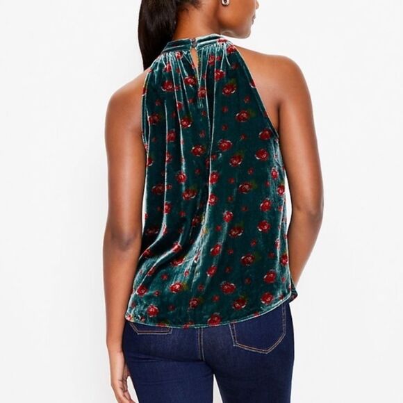 NWT Loft Women's Halter Top Size XS Floral Velvet Shirred Green Red Coquette - Picture 2 of 13